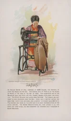 Japanische Frau beim Nähen, Werbung für Singer-Nähmaschinen, 1892